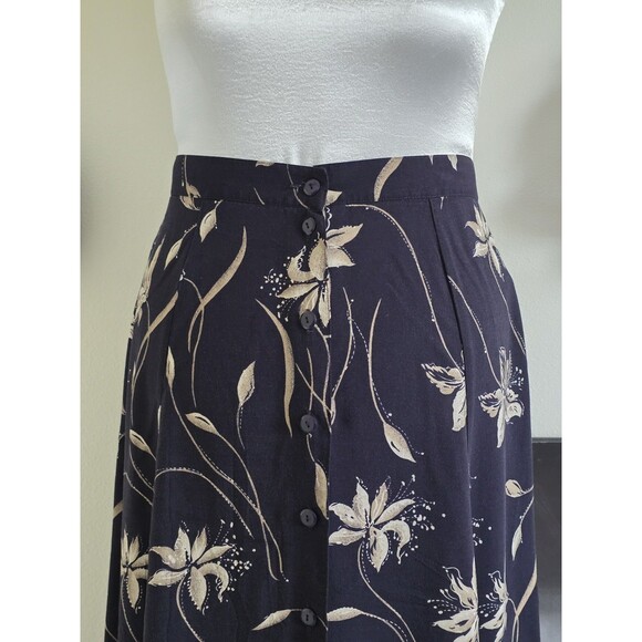 Vintage 90s Dark Navy Floral Button Front High Waist A-line Midi Skirt L - Picture 2 of 8
